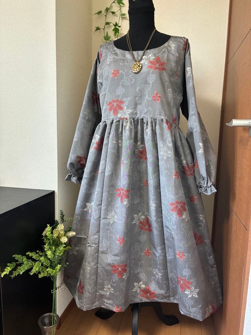 ＊着物リメイク＊ハンドメイド＊長袖ワンピース　正絹　村山大島紬　グレー
