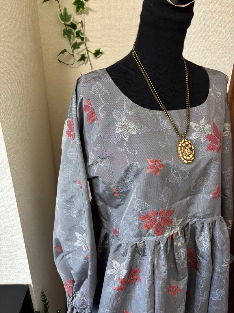 ＊着物リメイク＊ハンドメイド＊長袖ワンピース　正絹　村山大島紬　グレー