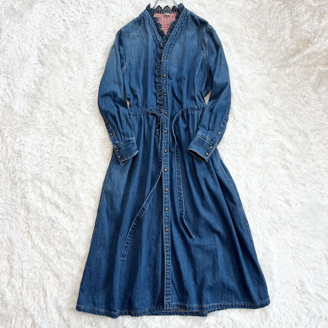 美品⭐︎45R シャツ ワンピース デニム カットワーク フリルドレス インディゴ
