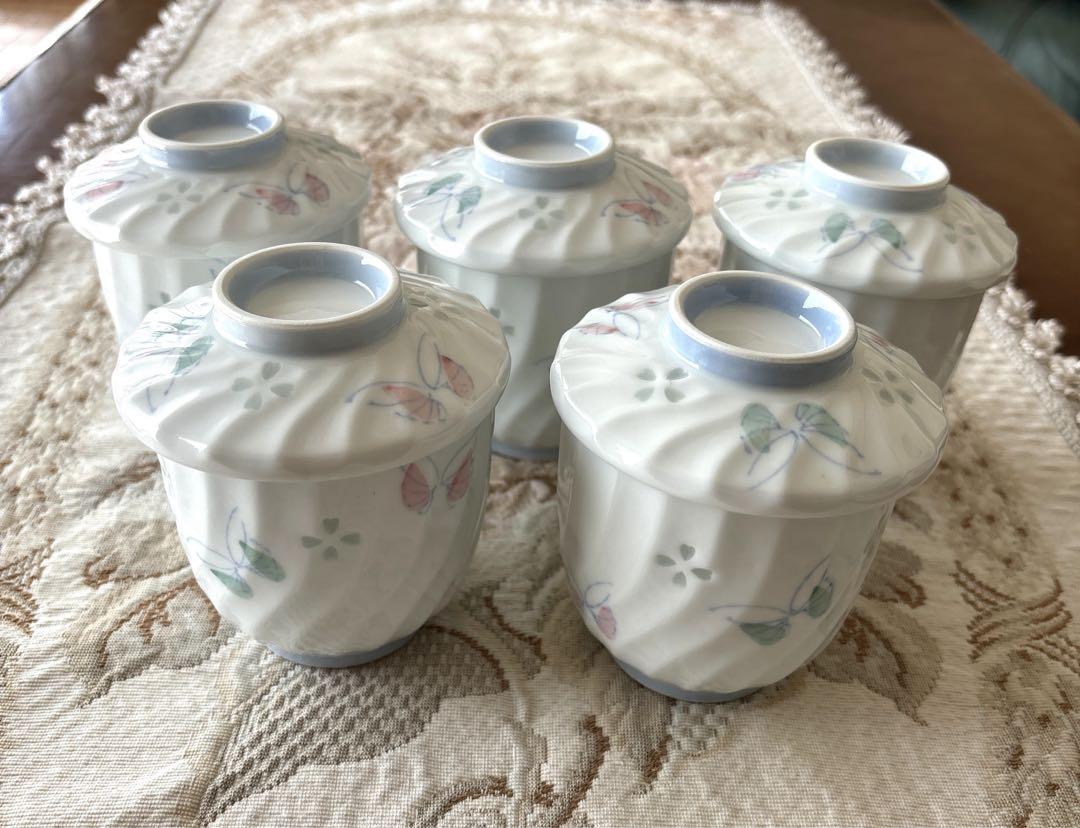 ★昭和レトロ★ 未使用 陶器 茶碗蒸し 蒸し椀 蓋つき 5客セット