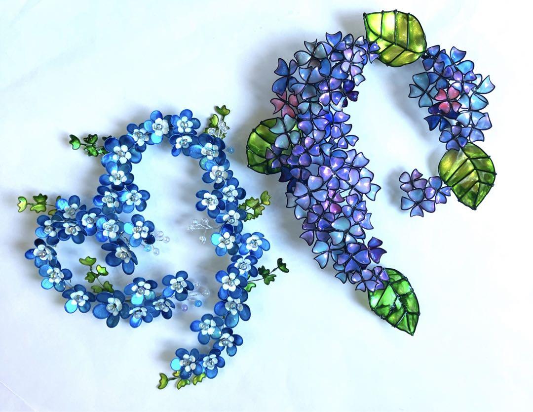 ネモフィラリース　紫陽花リース　ワイヤークラフト　ディップアート　壁飾り