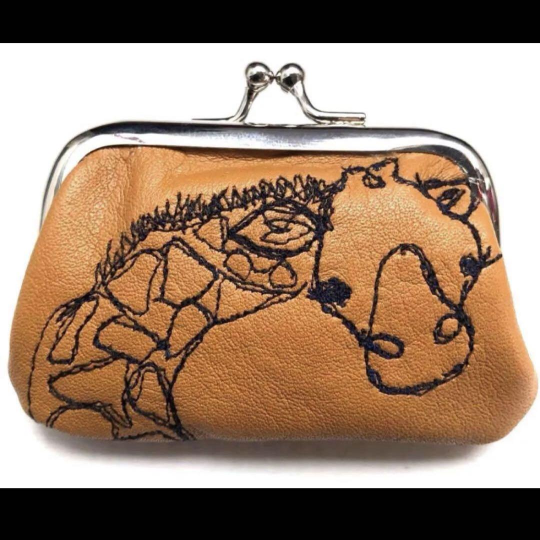 キリン　きりん　動物　刺繍レザーがま口ポーチ コインケース　財布　ウォレット
