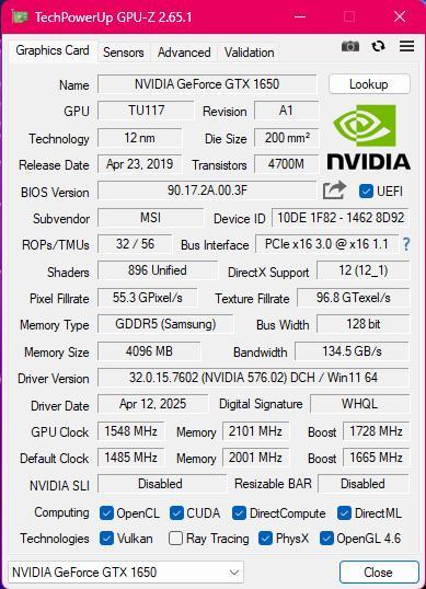 グラフィックボード・グラボ・ビデオカード MSI GeForce GTX 1650 4GT LP