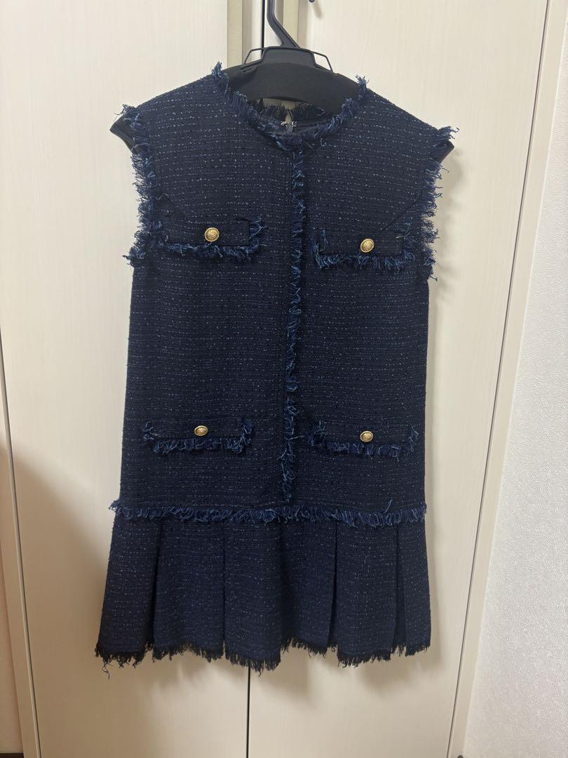 sheller ボックスプリーツツイードドレス ネイビー レディース