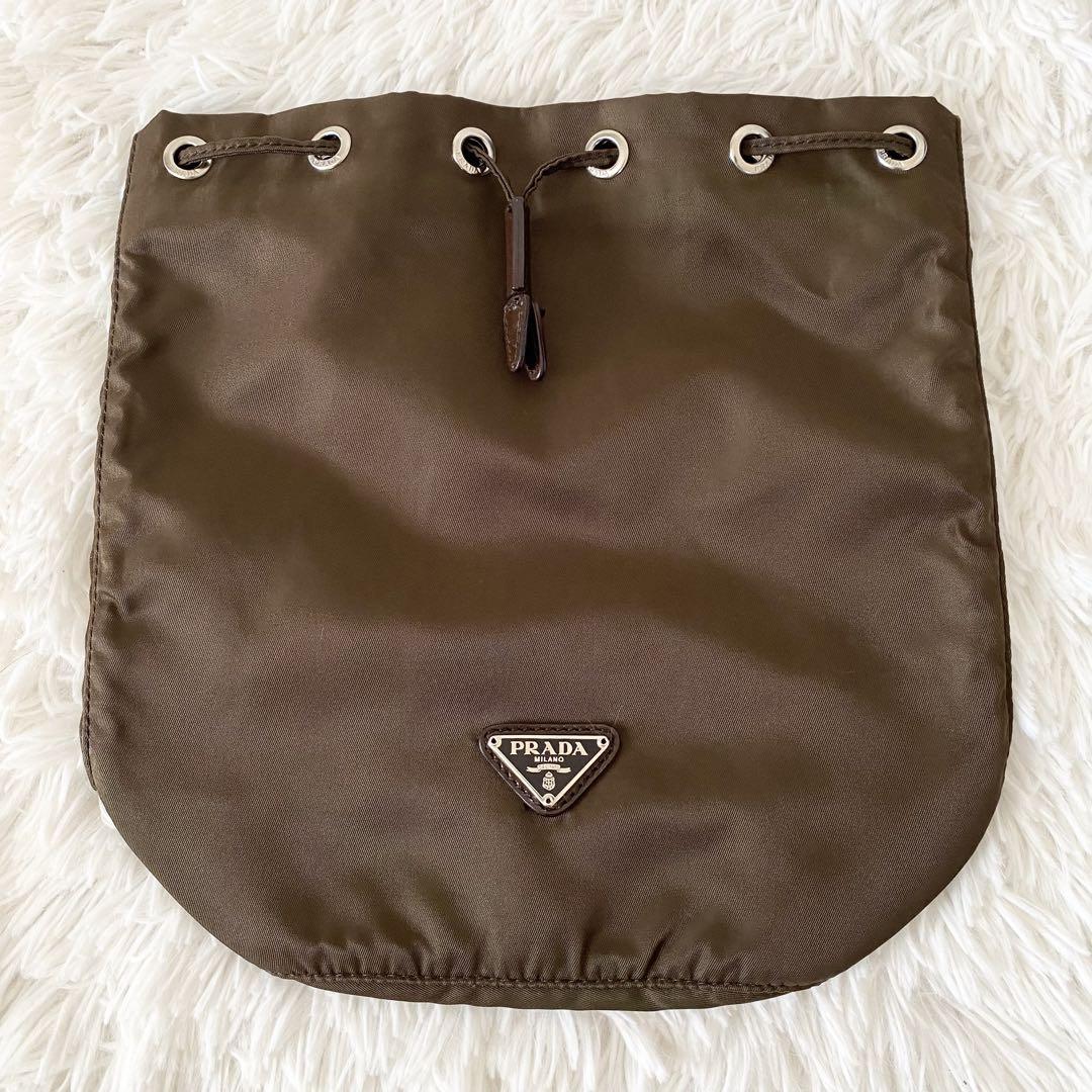 PRADA プラダ ナイロン 巾着ポーチ ミニバッグ 三角ロゴ カーキ系