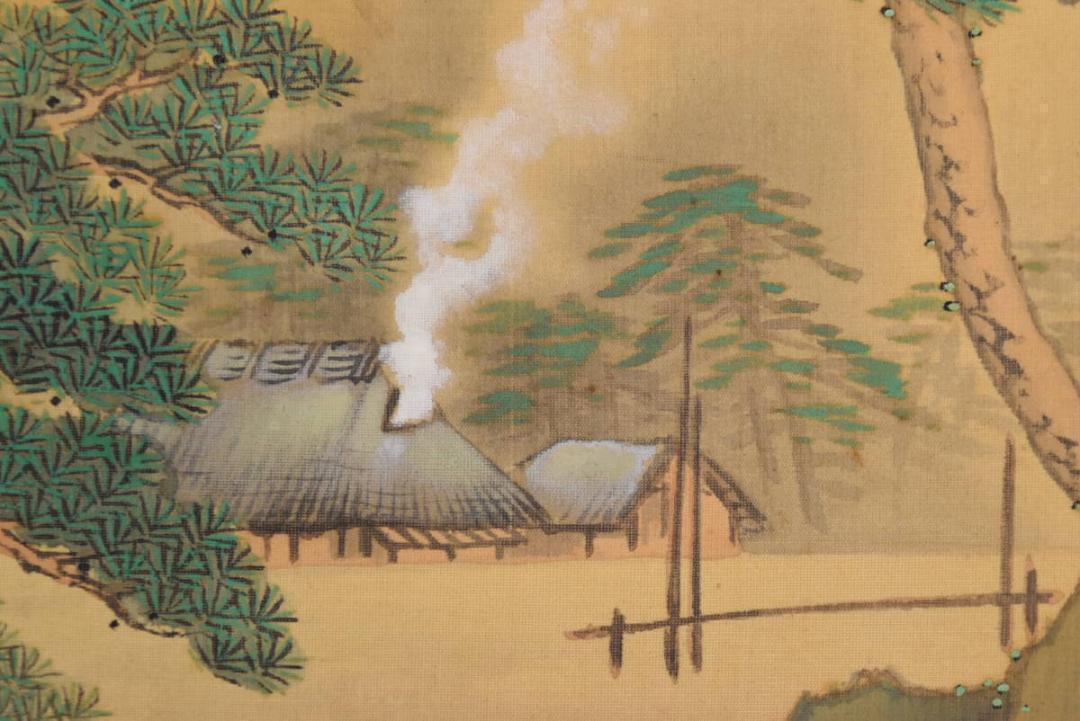 【真作】玉山/青緑浜家漁師図/掛軸☆宝船☆AB-344