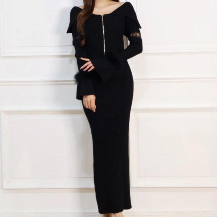 【極美品】RANDY ファースリーブオフショルダーワンピース黒 ロングドレス F