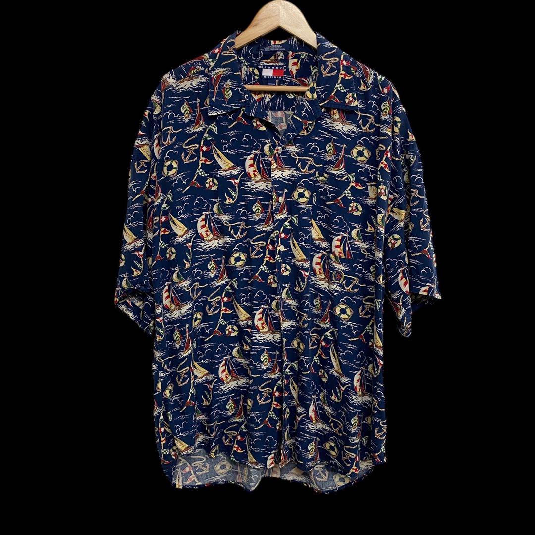 TOMMY HILFIGER トミーヒルフィガー アロハシャツ XL ネイビー