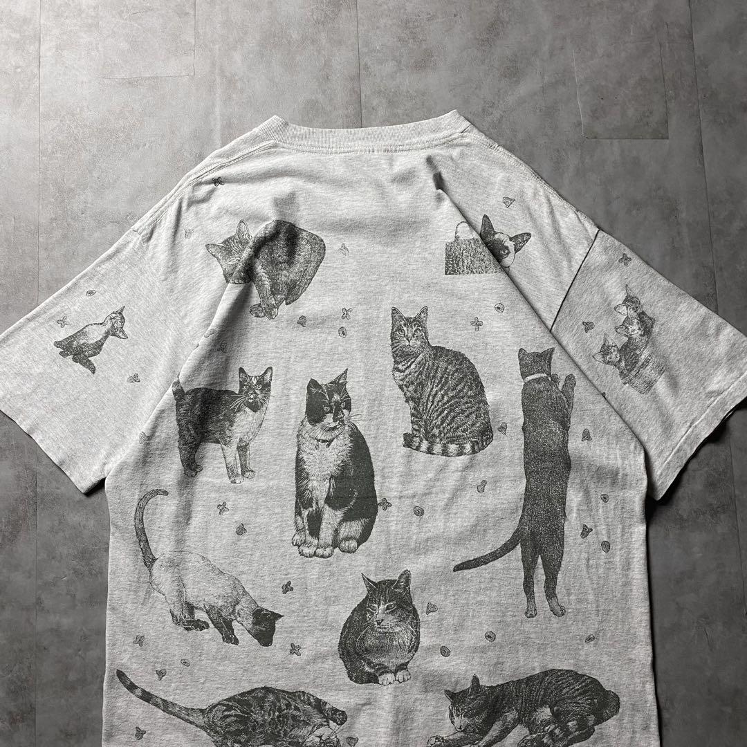 【入手困難】90s USA製 猫 アート Tシャツ 総柄 シングルステッチ XL