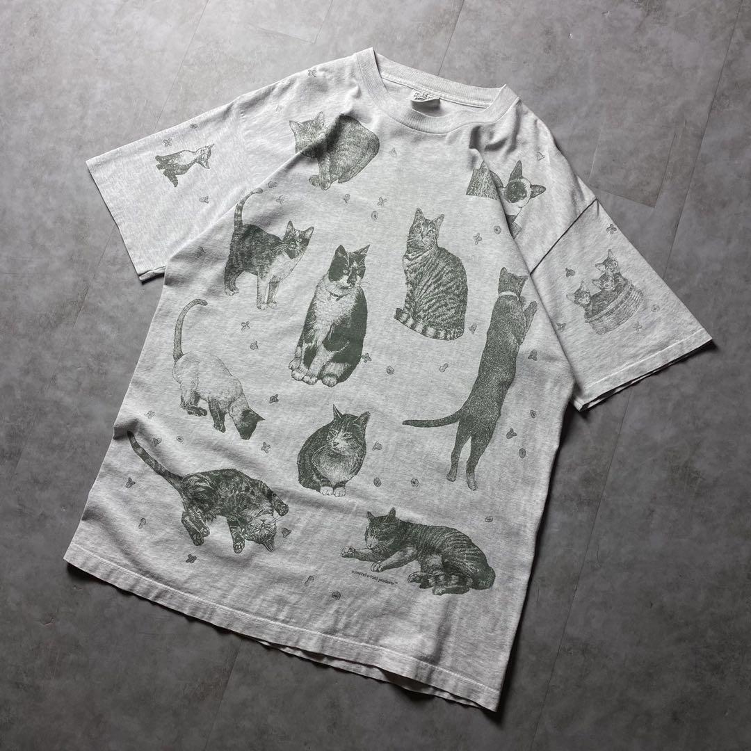 【入手困難】90s USA製 猫 アート Tシャツ 総柄 シングルステッチ XL