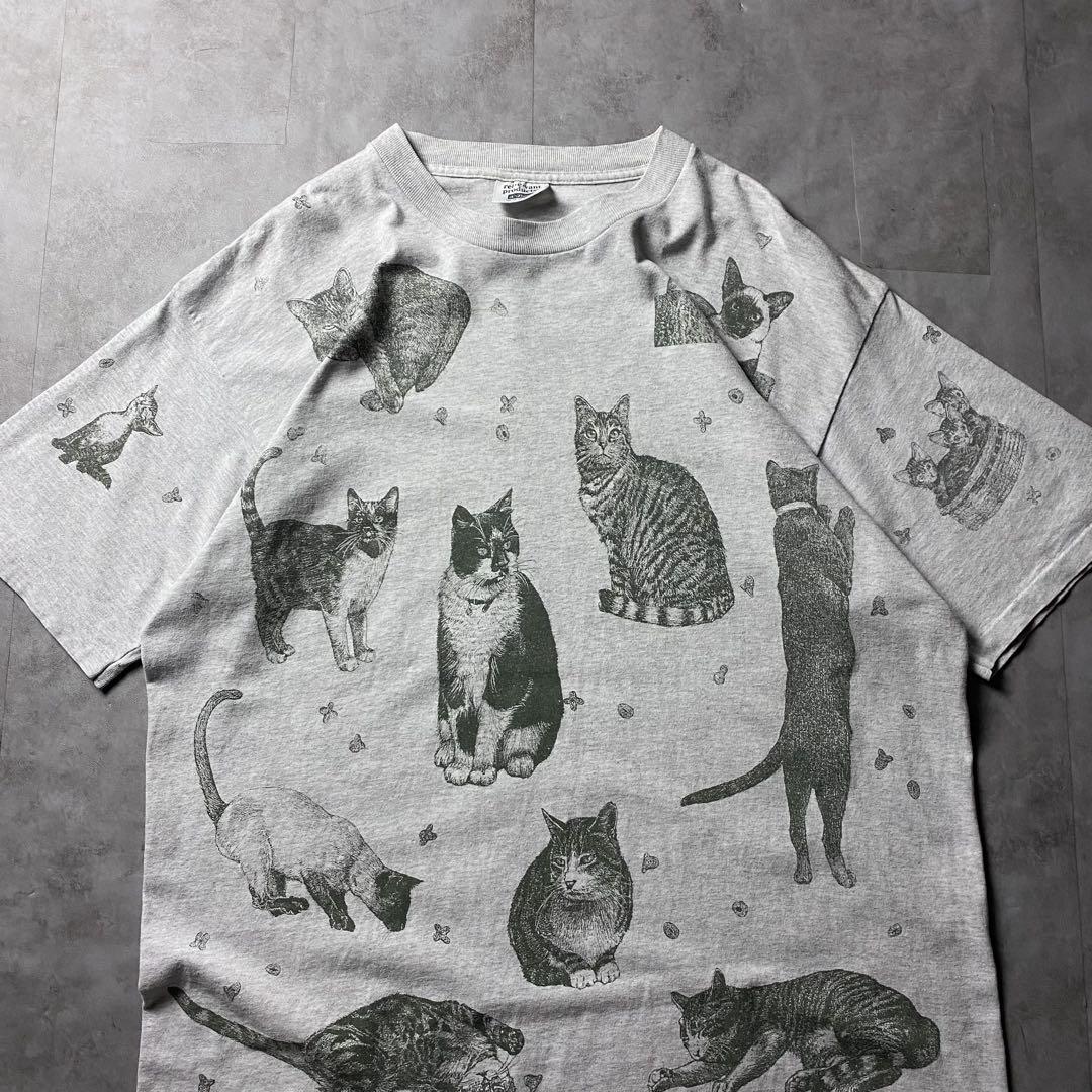 【入手困難】90s USA製 猫 アート Tシャツ 総柄 シングルステッチ XL