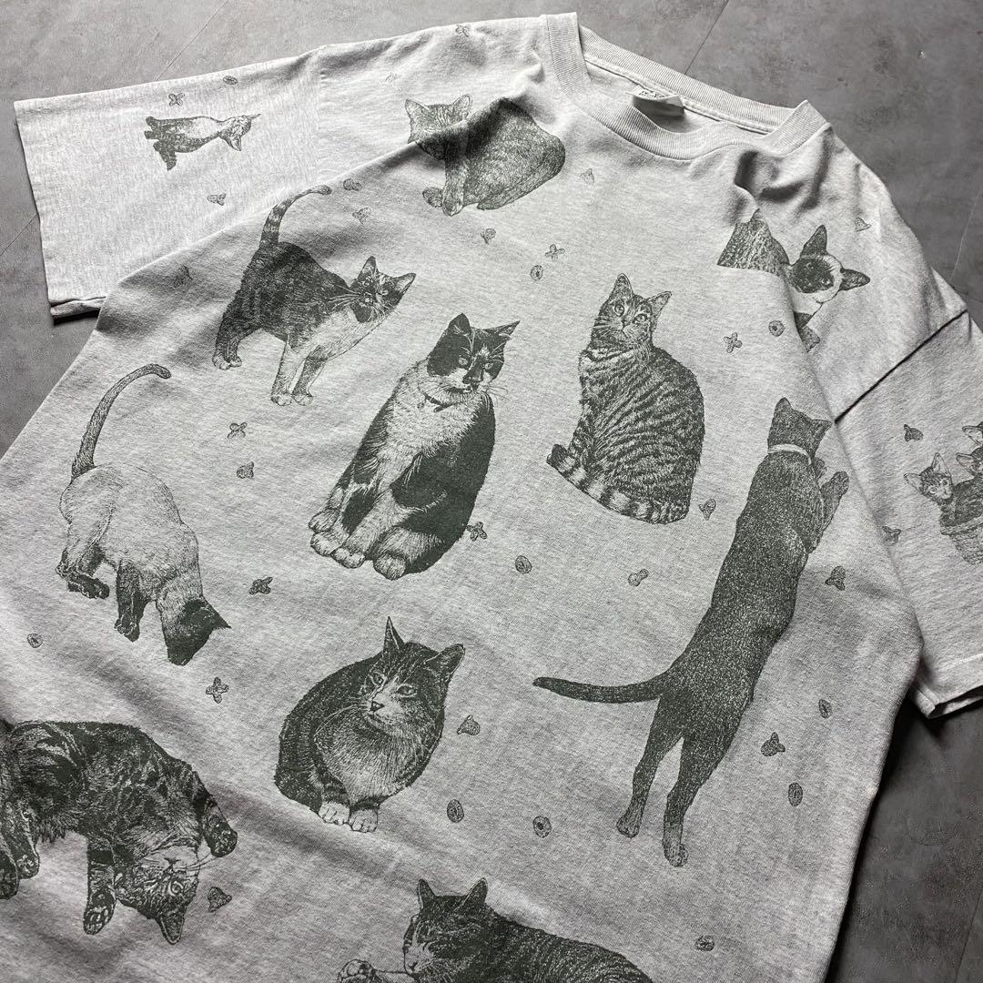 【入手困難】90s USA製 猫 アート Tシャツ 総柄 シングルステッチ XL