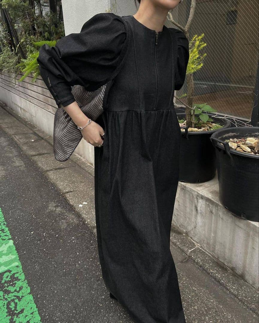 denim volume gather sleeve zip dress