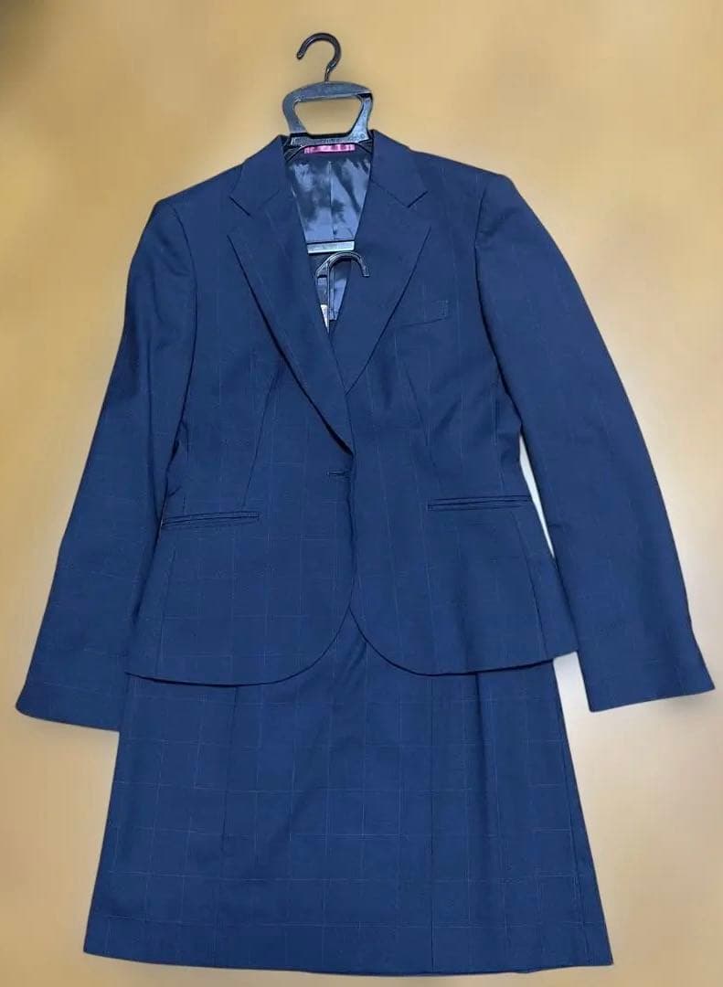 LES NUES ダークブルー ネイビー チェック スカートスーツM yohukunoaoyama