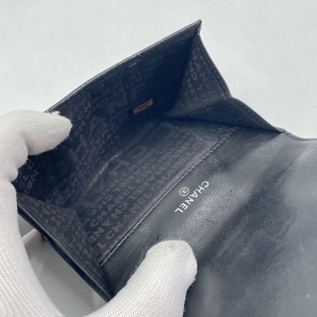CHANEL シャネル 二つ折り財布 Wホック レザー アイコン 黒 シルバー