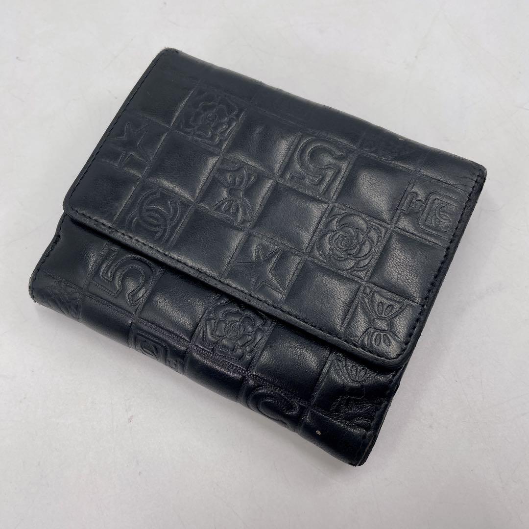 CHANEL シャネル 二つ折り財布 Wホック レザー アイコン 黒 シルバー