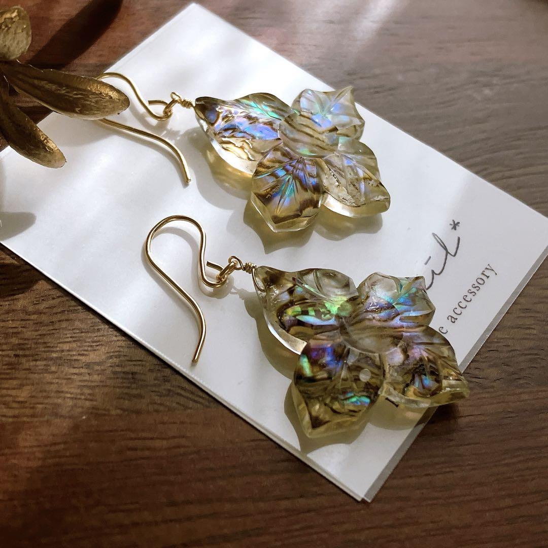 daisy◆アバロン×クリスタル フラワーカービングピアス✧14kgf