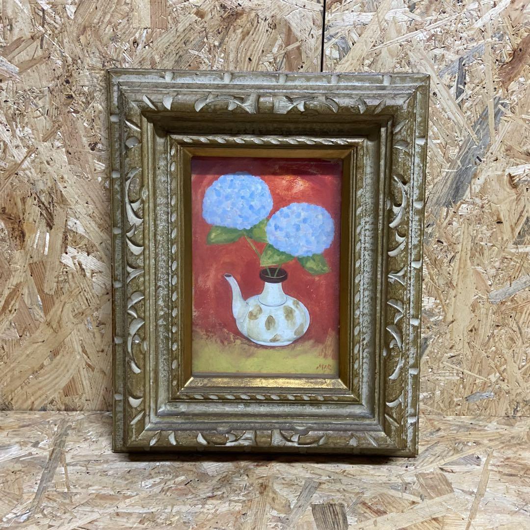 油絵　花　アンティーク　ヴィンテージ　油彩　インテリア　額縁　原画　一点物　作家 一点物】『 瀬戸内海の夕日と紫陽花 』油絵 油彩 油画