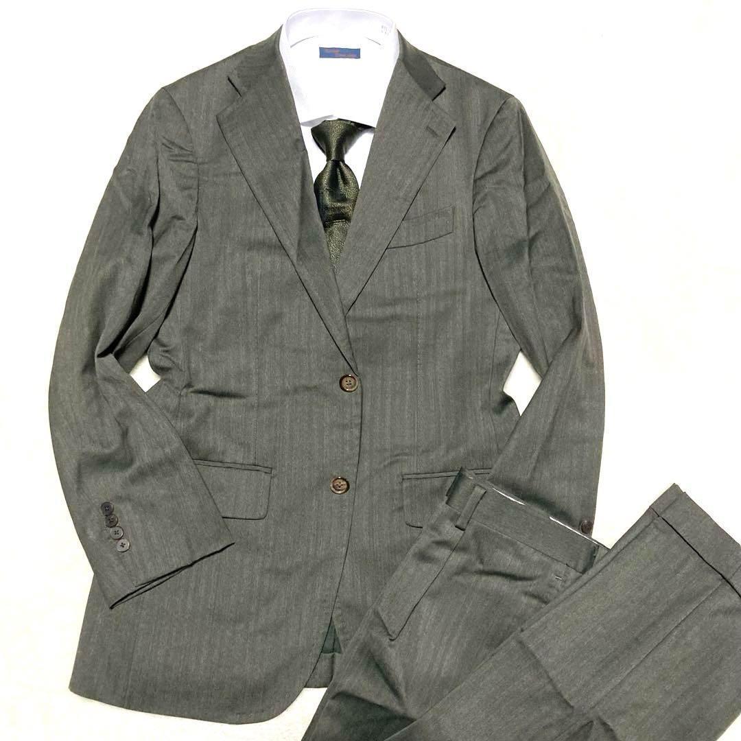 希少 高級 アルチザン ウール100%スーツ カーキ系 裏地グリーン