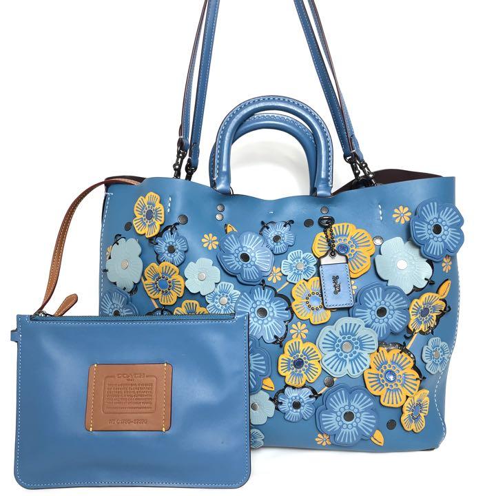 COACH コーチ 2WAYトートバッグ ティーローズ ポーチ付き ブルー 花柄