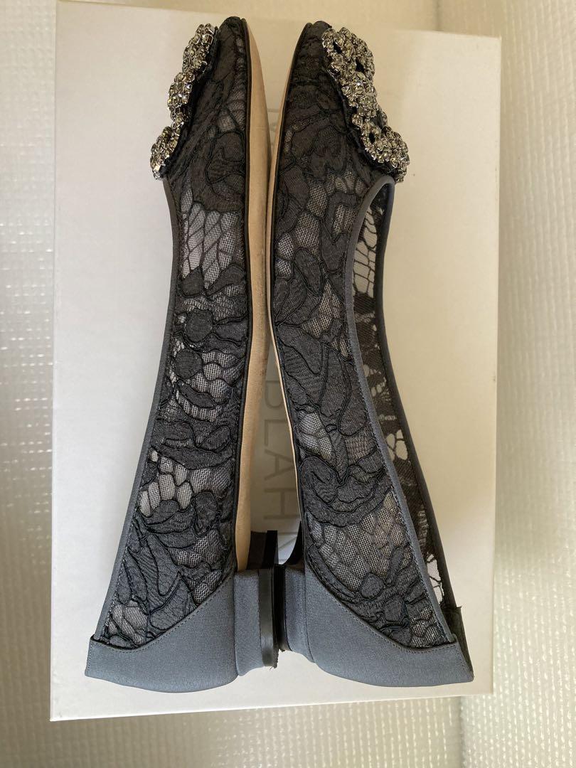 美品 マノロブラニク フラット パンプス ハンギシ レース 35 グレー