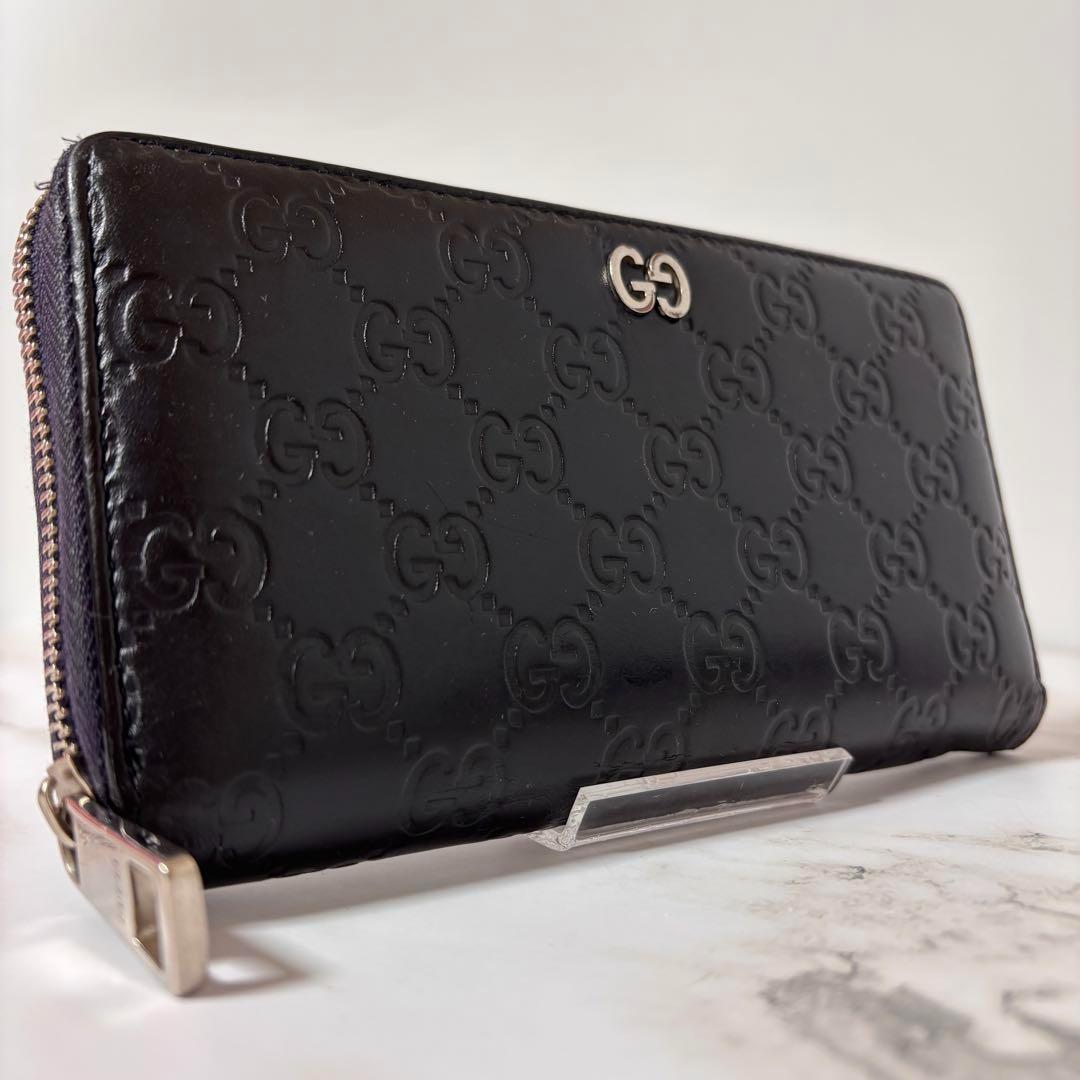 グッチ　長財布　ラウンドファスナー シマレザー　ブラック　GG