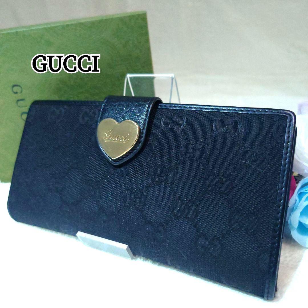 【美品】グッチ 長財布 GGキャンバス ラブリーハート ボタン式 ゴールド 黒