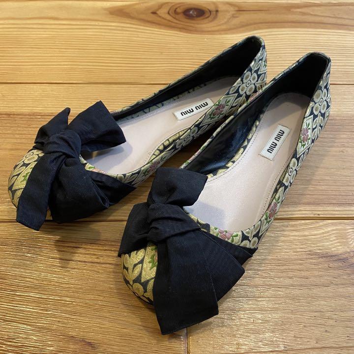 miumiu リボンレザーフラットシューズ 38サイズ