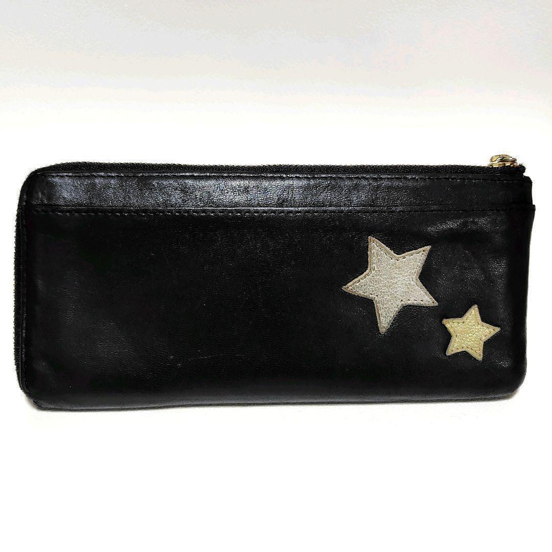 ANNA SUI 長財布 黒 レザー L字ファスナー スター スタッズ 金具ロゴ