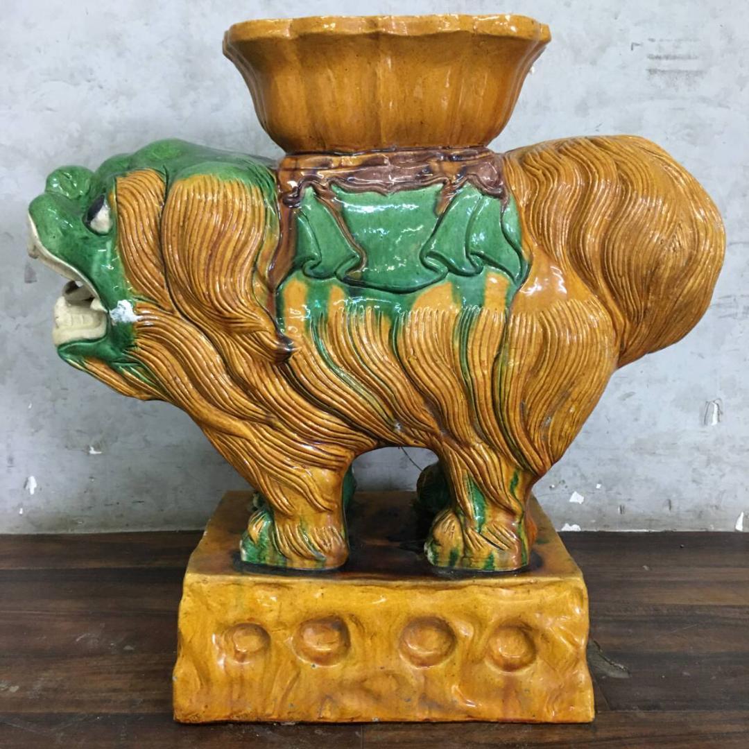中国美術 陶器製 染付 大型 置物 花台 霊獣 神獣 狗 獅子 重量約45㎏