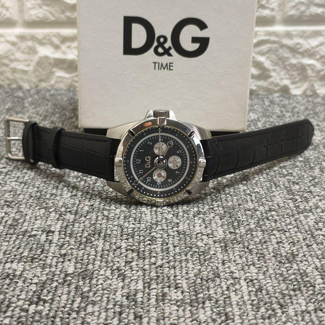 D&G クロノグラフ 腕時計 シルバー/ブラック レザーベルト