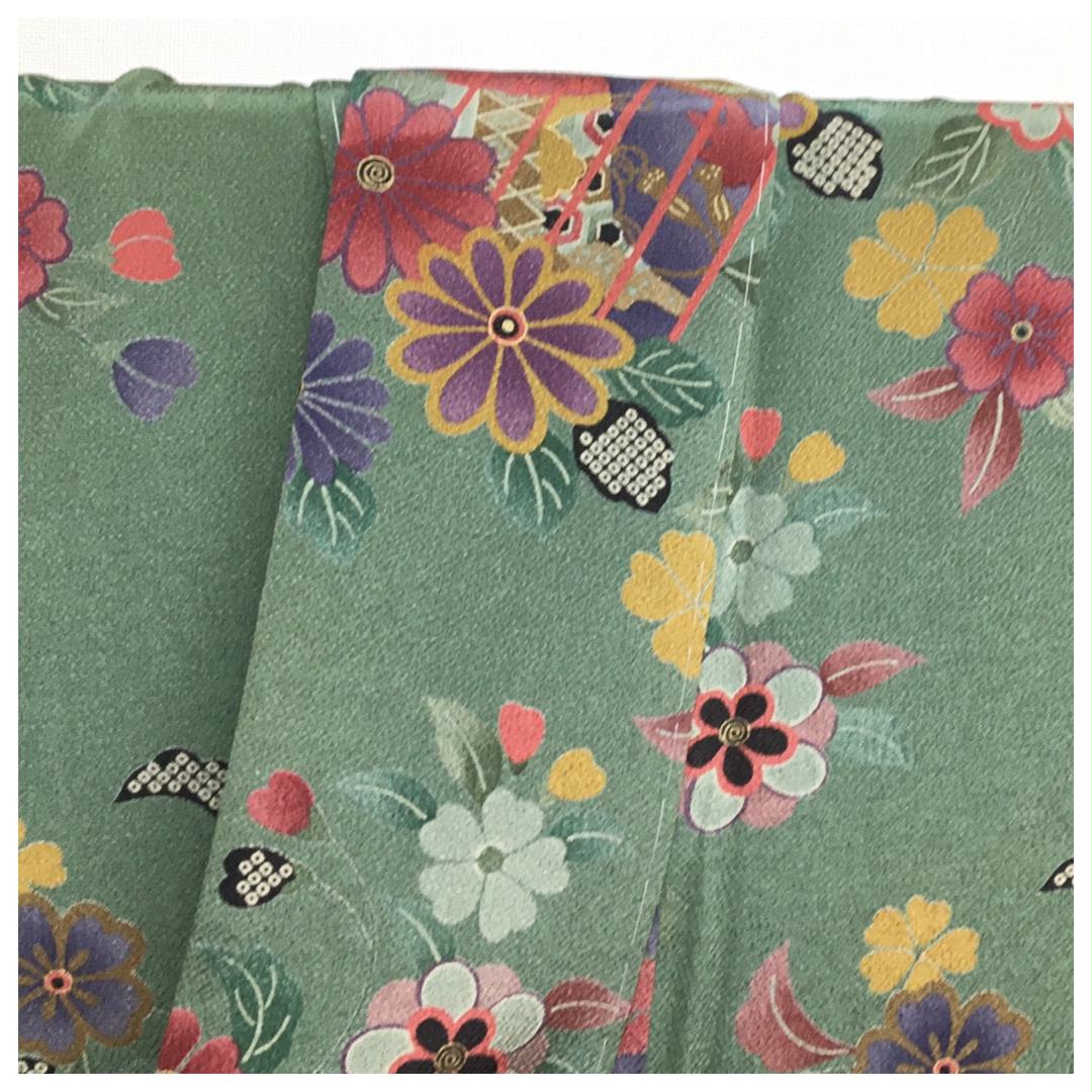 美品 縮緬 モダン 華模様 グリーン 0SJEs-m11205404595 高級呉服 小紋 三松謹製 正絹 通販NEW