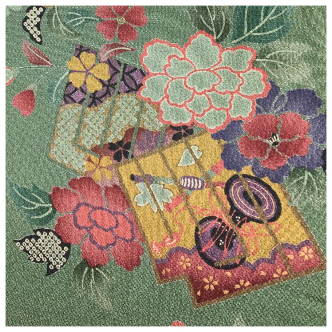 美品 縮緬 モダン 華模様 グリーン 0SJEs-m11205404595 高級呉服 小紋 三松謹製 正絹 通販NEW