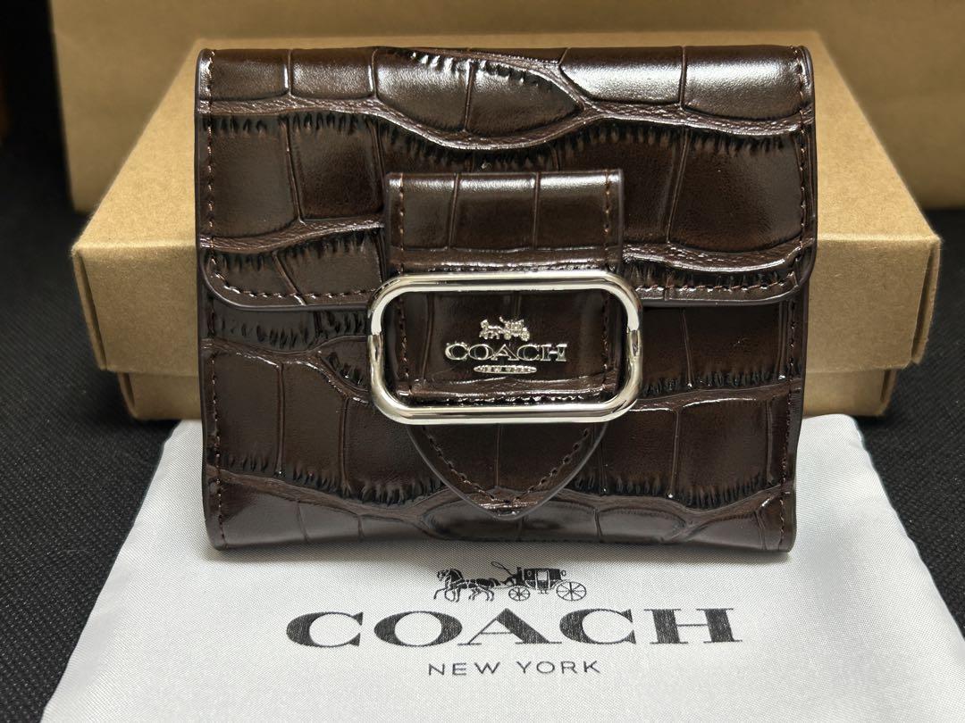新品❗️COACH 財布　二つ折り　折り財布　スモールモーガン　クロコ調　ブラウン