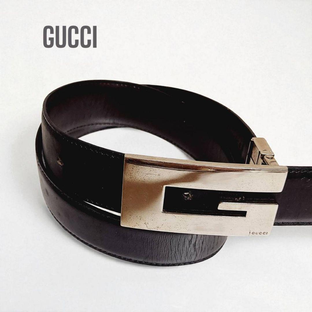 GUCCI グッチ レザーベルトメンズブラックレザーシルバーデカG