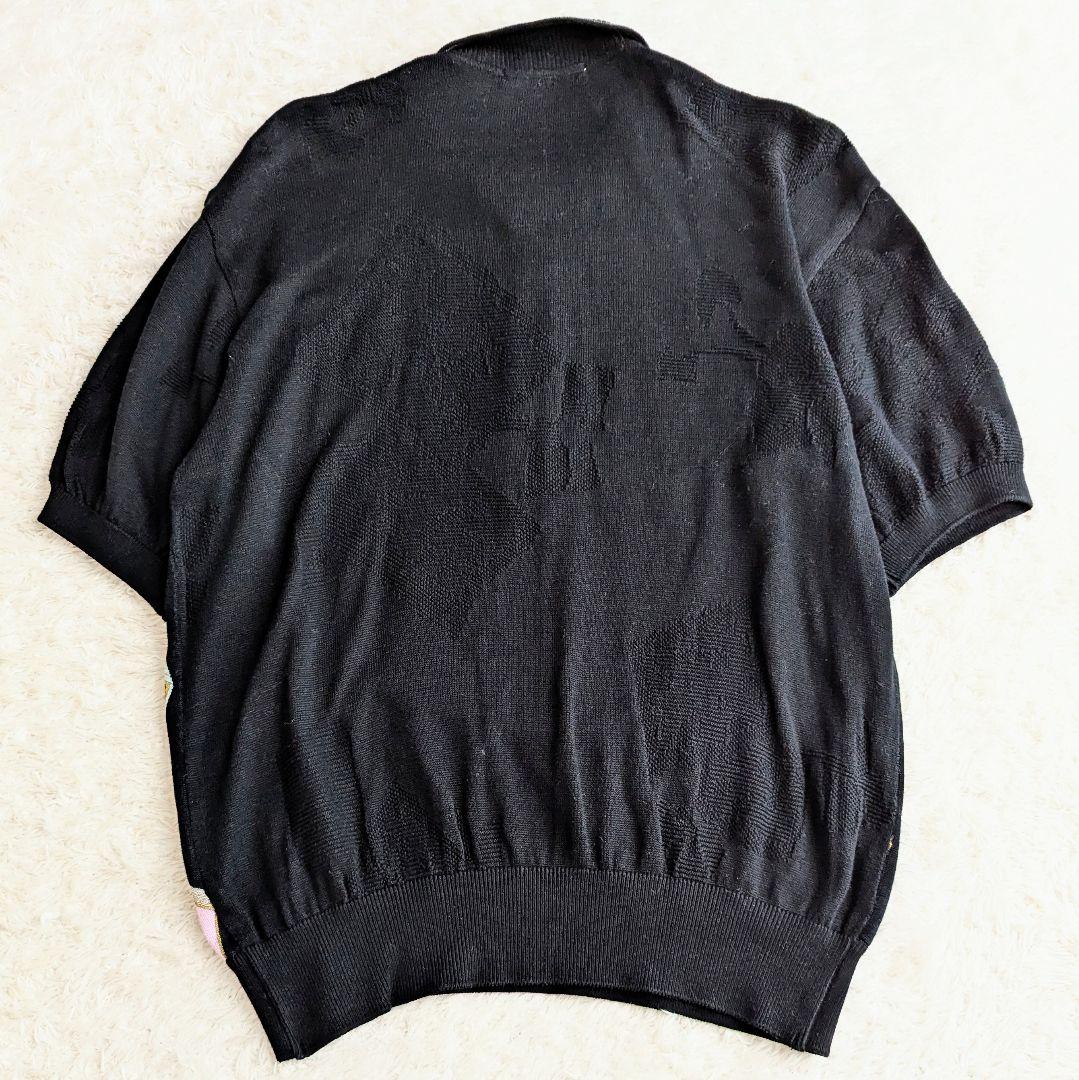 LEONARD レオナール　ストレッチ長袖ポロシャツ　花柄　ブラック　美品 良品◎レオナール ポロシャツ 総柄 本 ブック 花柄 半袖 L 黒
