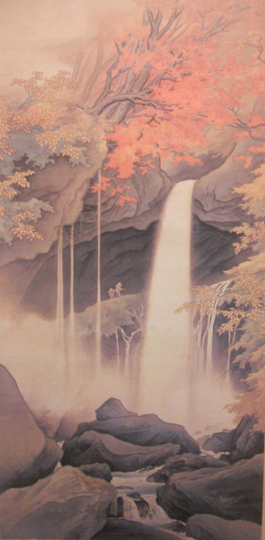 掛け軸 川合玉堂 日光裏見瀧 絹本 名品 複製 希少 軸装 茶道具 掛軸 美品