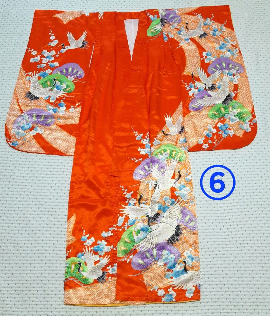 ⑥七五三　着物　七歳　オレンジ　赤　鶴　付属品付き　⚠️