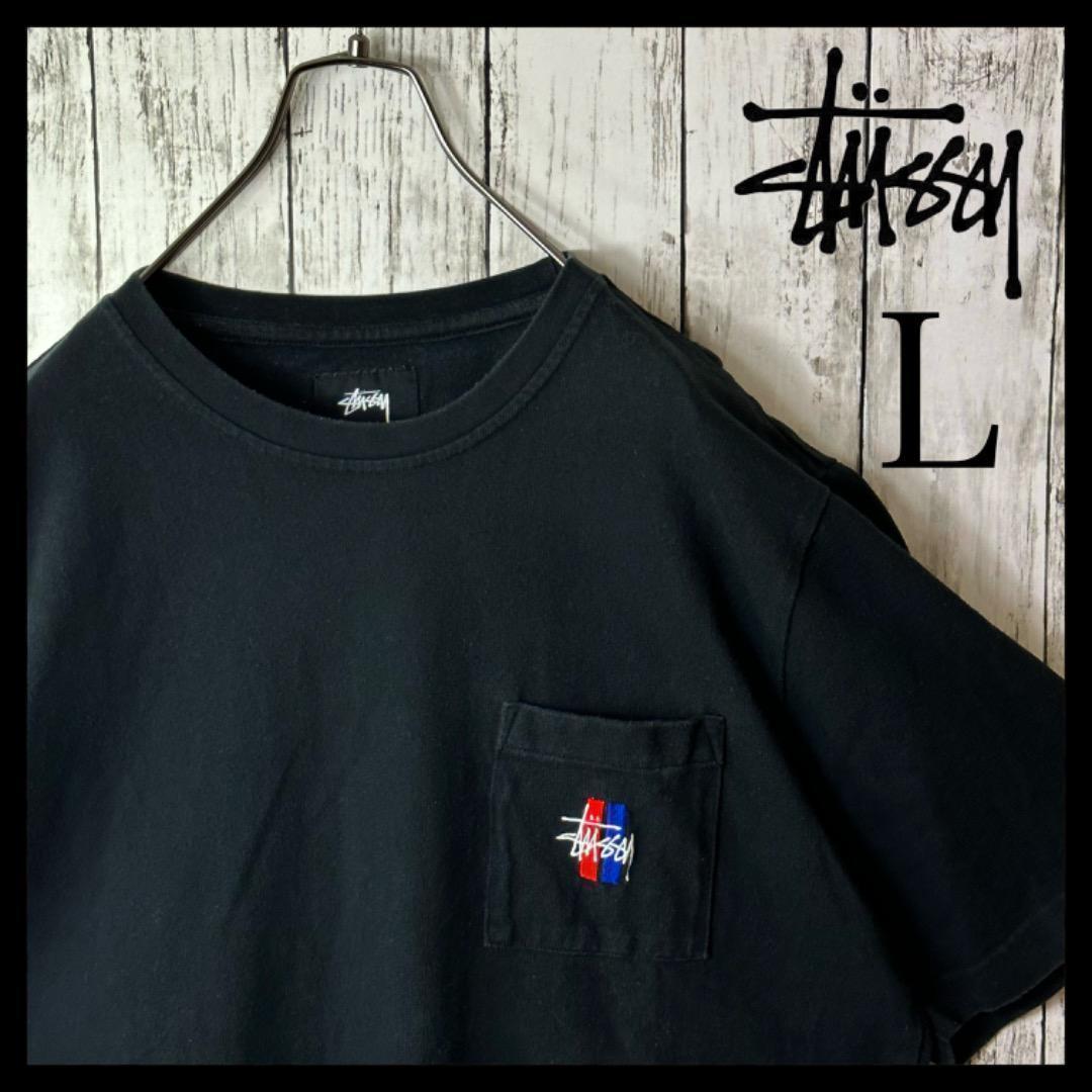 【希少】ステューシー バーロゴ ワンポイント 刺繍ロゴ Tシャツ L 黒 赤 青