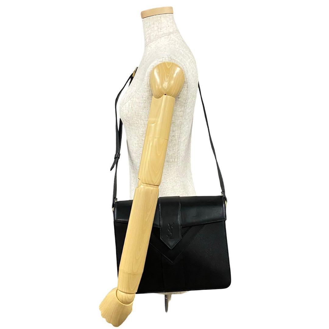 極美品 箱付 イヴサンローラン YSL ロゴ レザー ショルダーバッグ ブラック