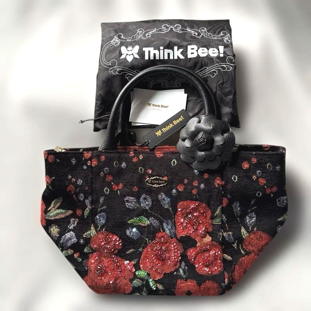 福袋 セール Think 革コサージュ付き スパンコール 薔薇柄トートバッグ Bee! バッグ