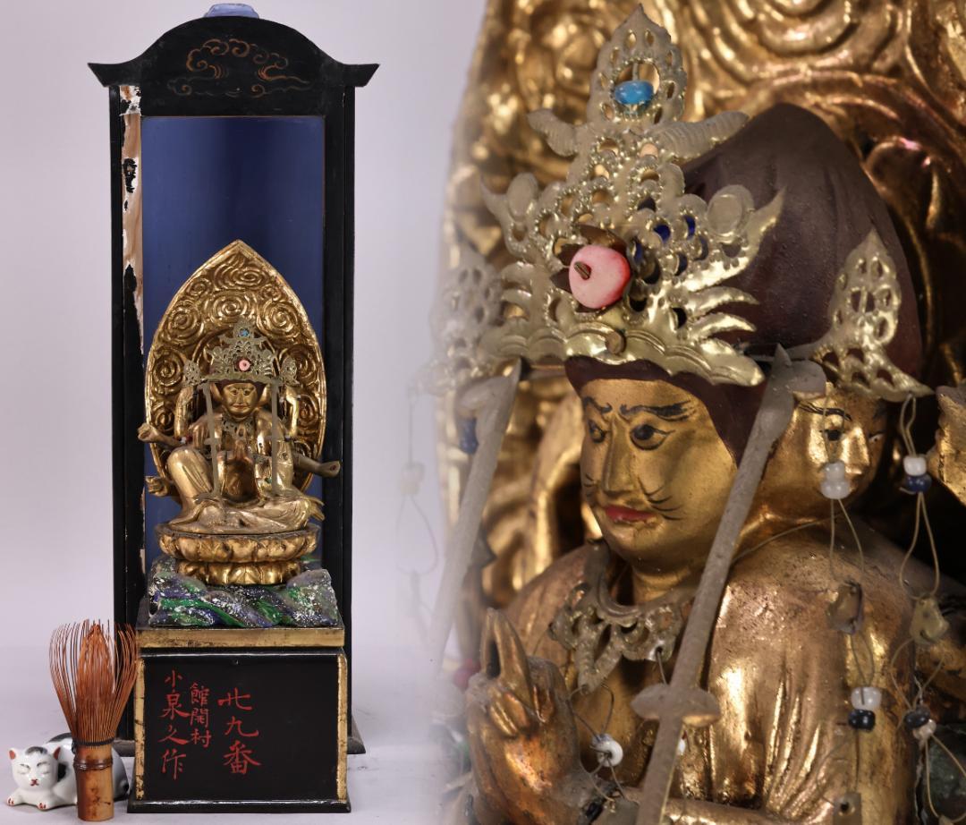 お寺様整理 時代物 木造 鍍金仏 三面観音菩薩半跏像 高34㎝ 仏像