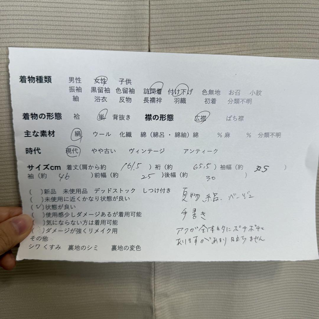 美品 正絹 夏物 絽 呂 訪問着 付け下げ 着物 161 ベージュ