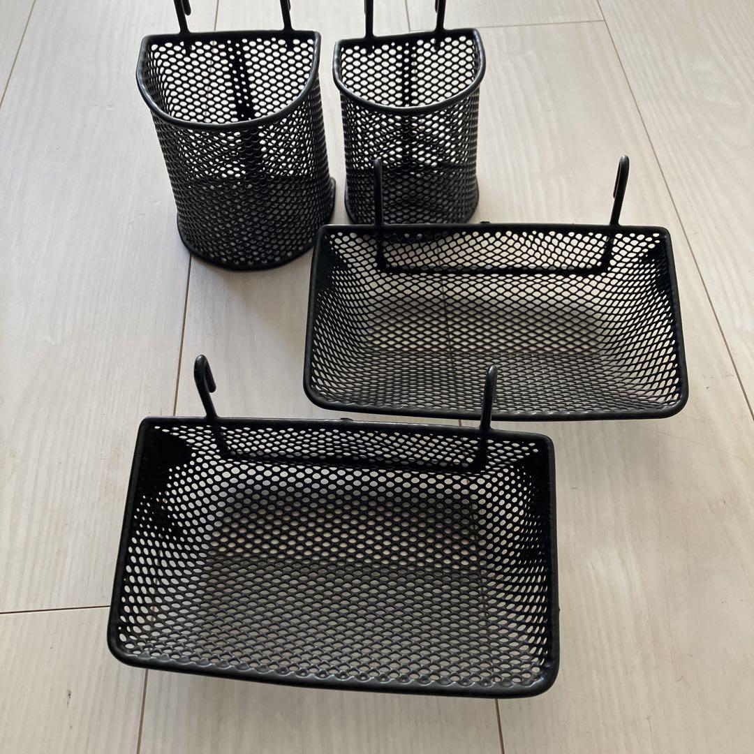 黒 メッシュ収納バスケット 3サイズ 4個セット フック付き