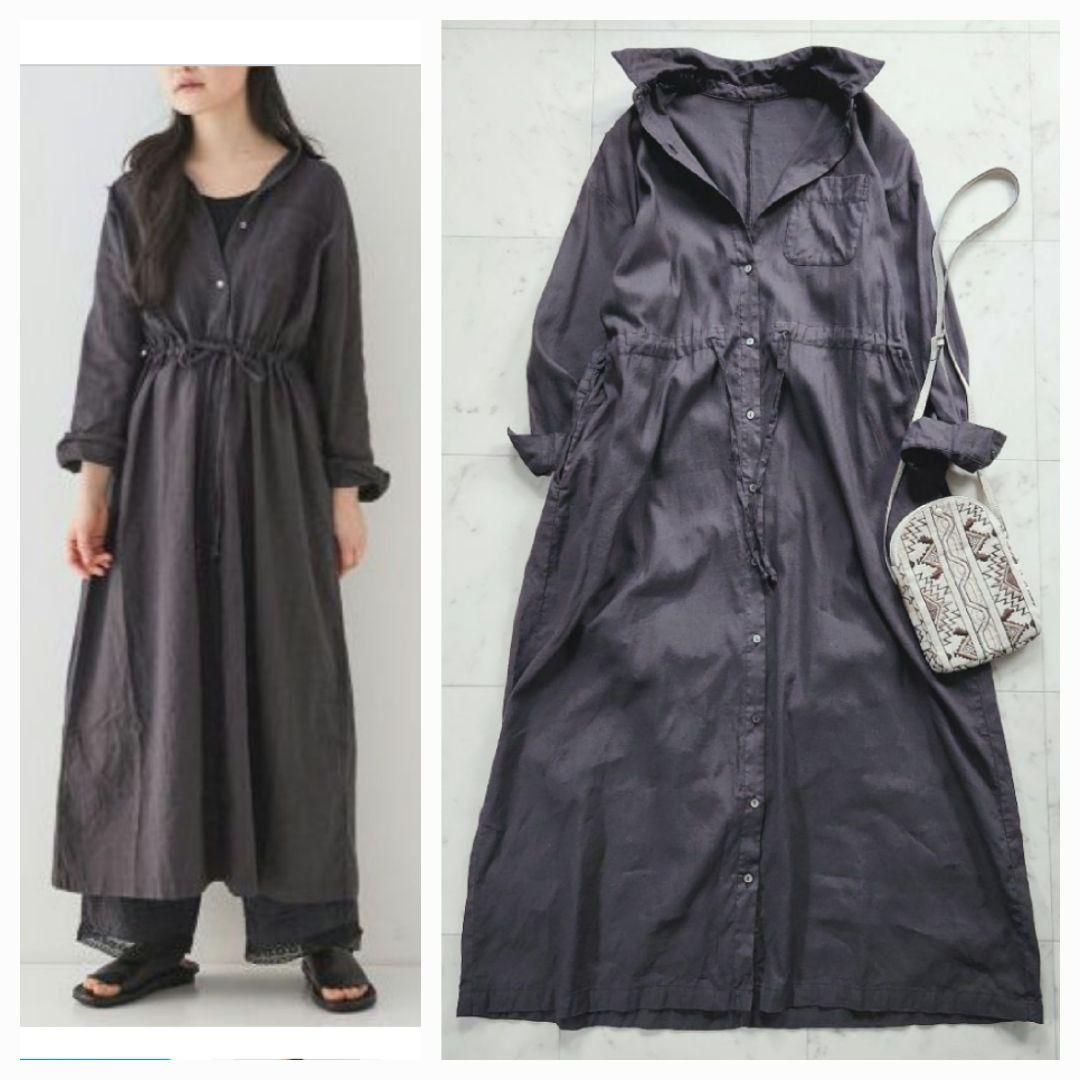 美品 ネストローブ 綿麻 シャツワンピース 羽織り ゆったりめ 黒 チャコール
