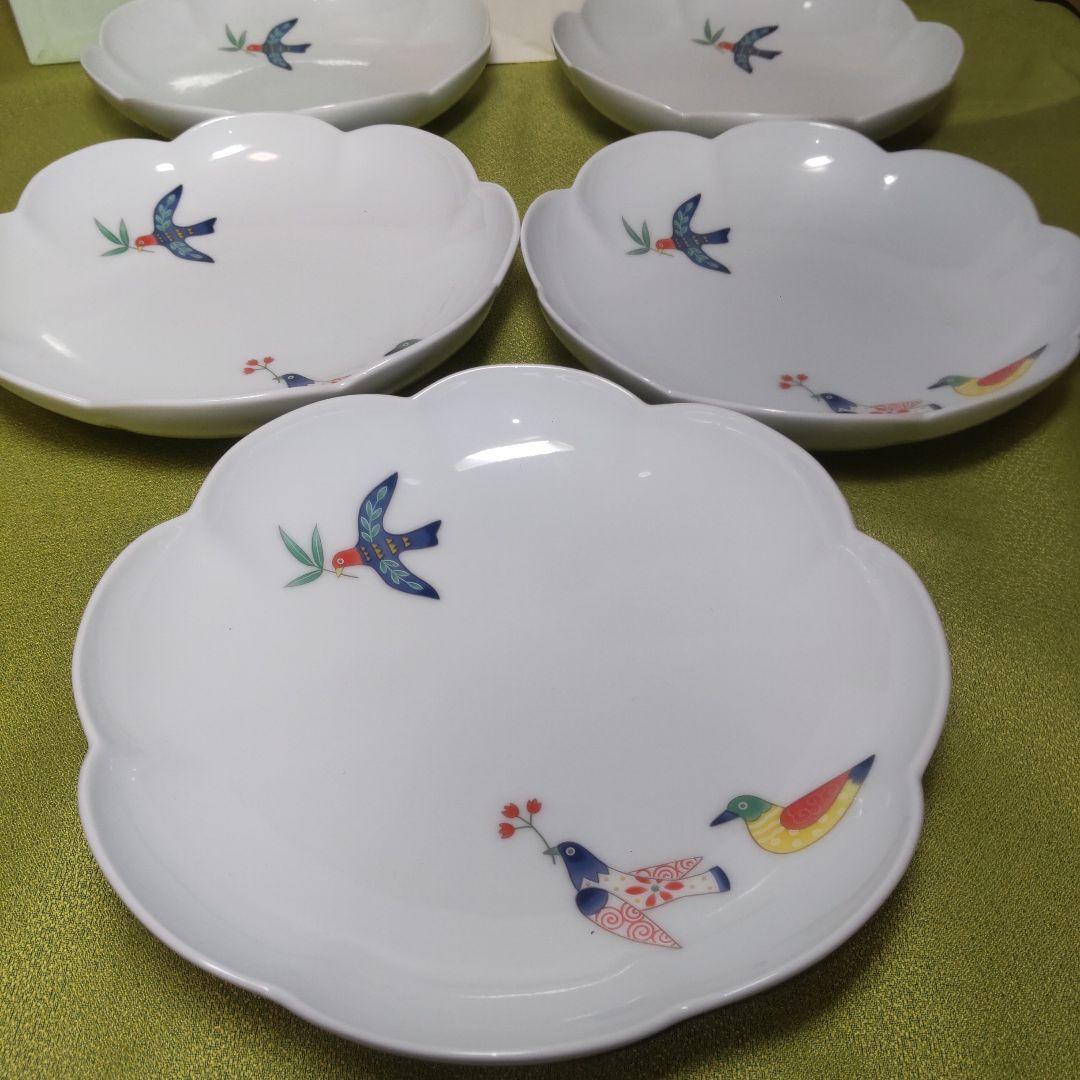未使用品 香蘭社 花小鳥 深皿 中皿 5枚 輪花 小鳥 鳥