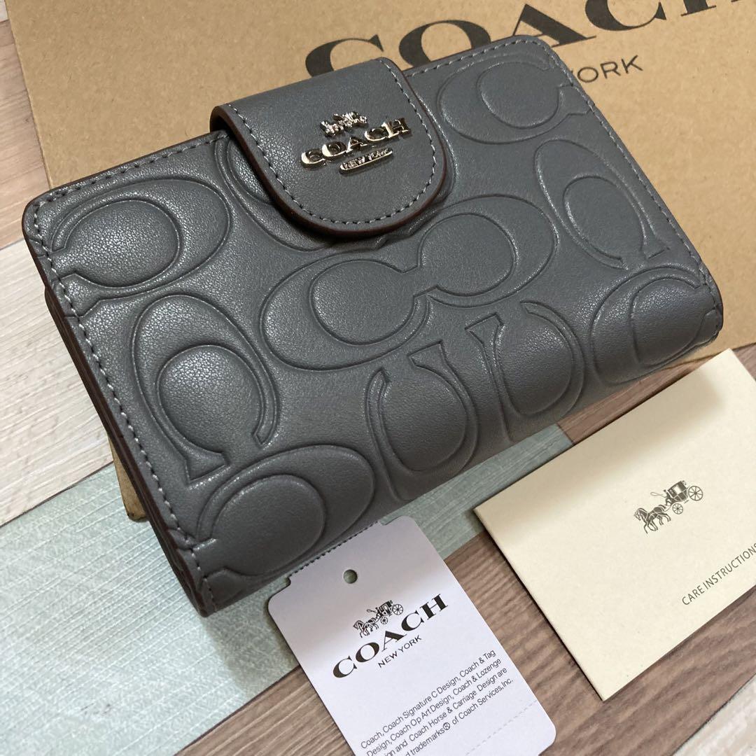 coach コーチ　二つ折り財布　シグネチャ　エンボス　グレー　新品