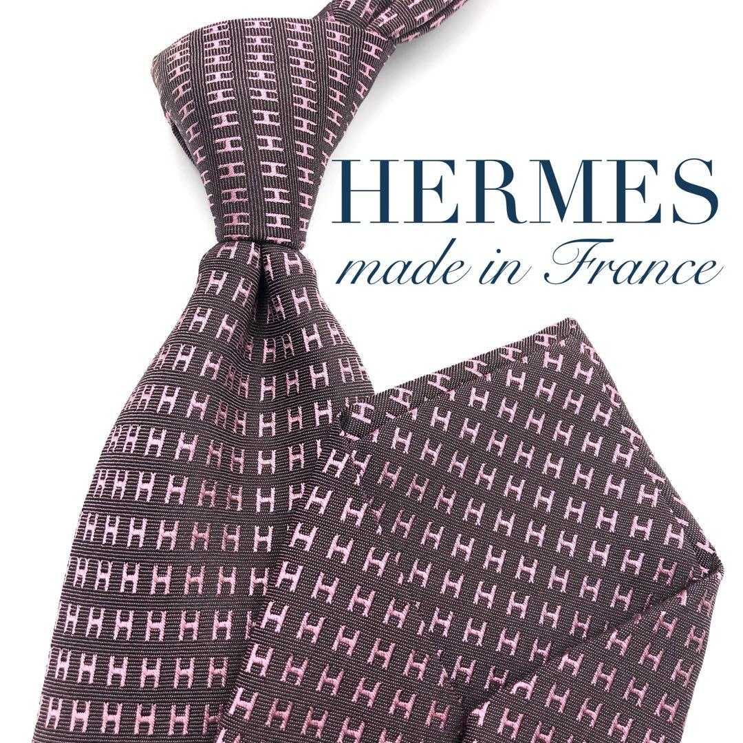 美品 HERMES エルメス H柄 ファソネ 総ロゴ ネクタイ パープル 紫