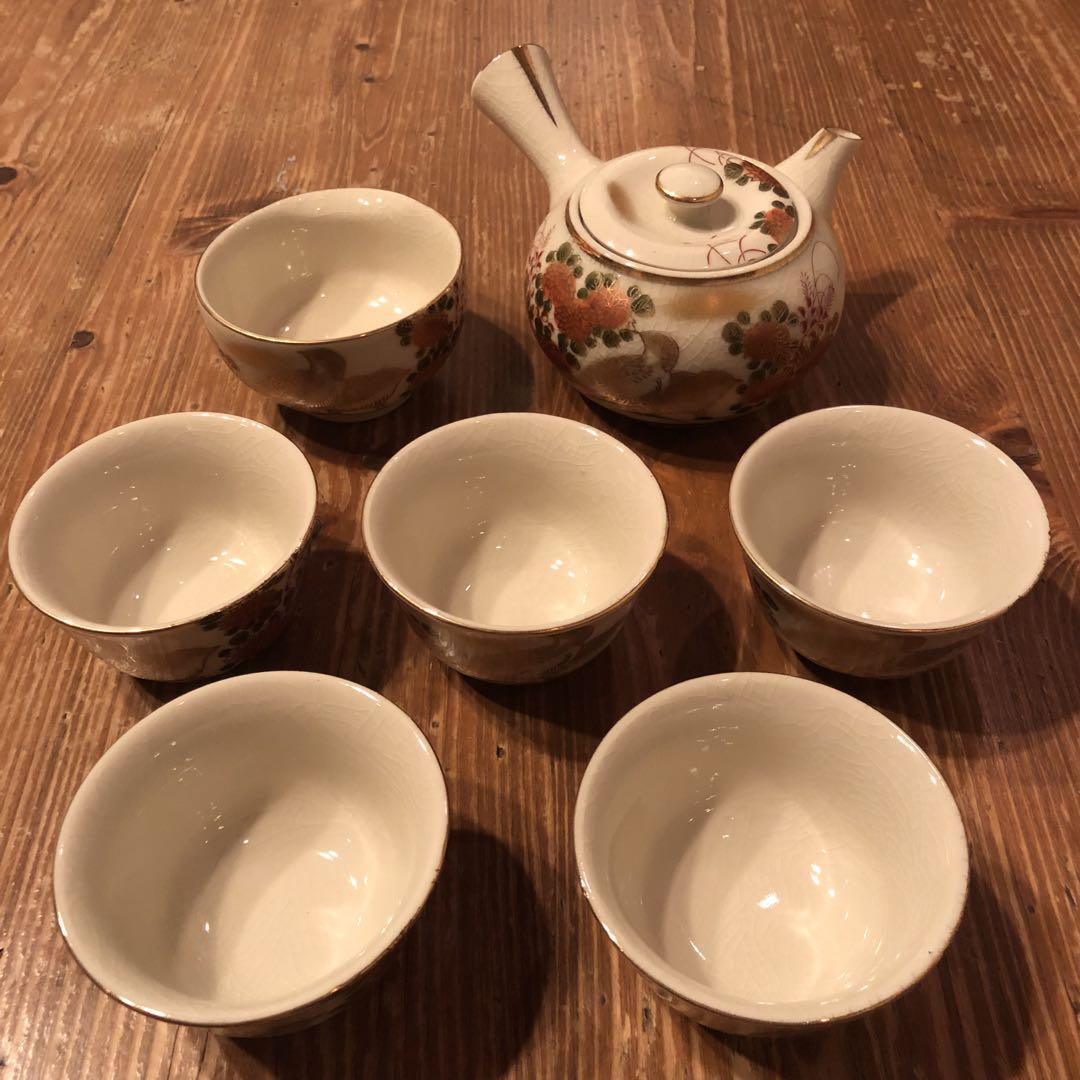 九谷焼賀峰茶器セット金彩赤絵花鳥急須湯飲み茶海伝統工芸