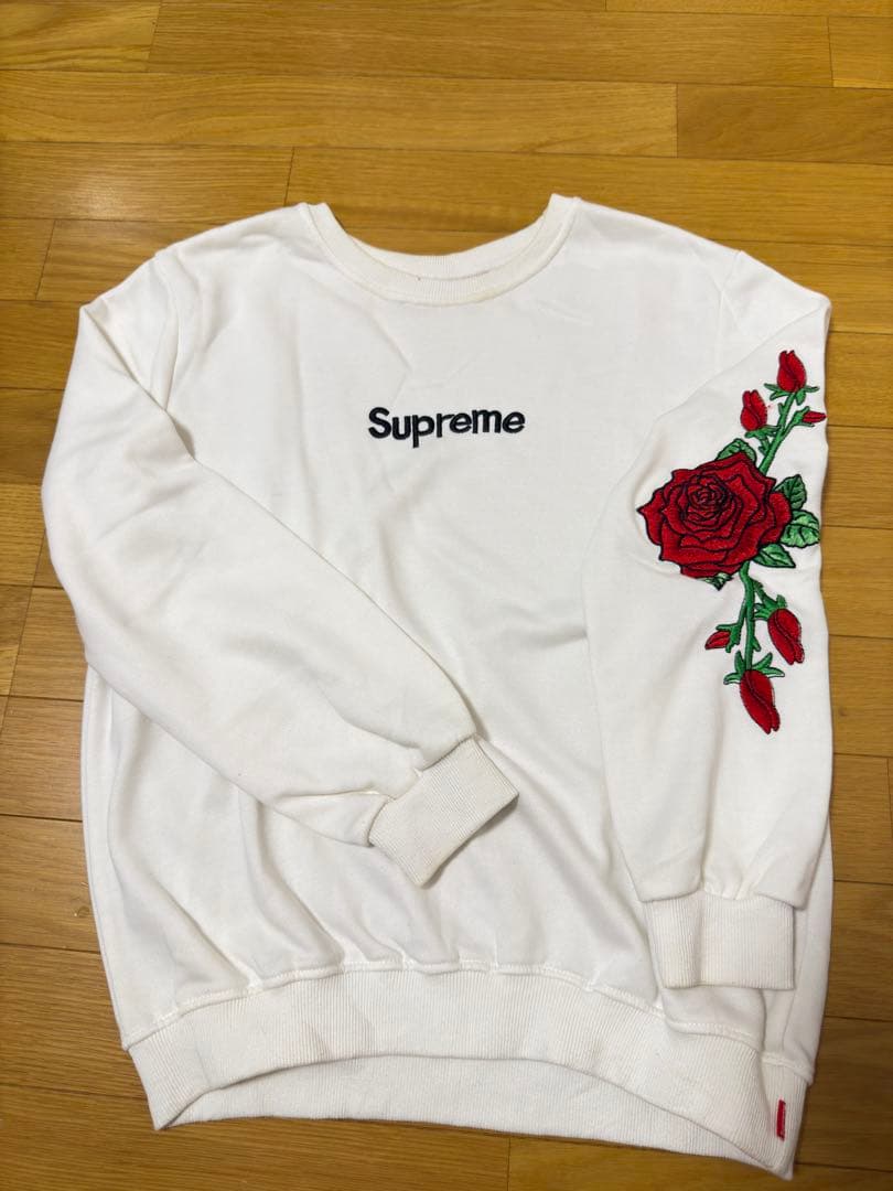 Supreme バラ刺繍 ホワイトスウェット